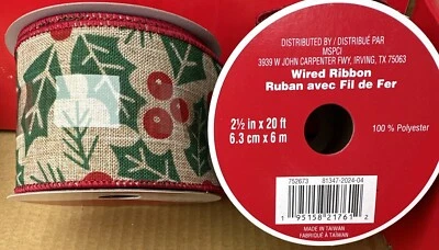 LOT of 2 CHRISTMAS HOLLY PRINT 2 1/2” X 20’ Wired Ribbon by Celebrate It - Image 1 of 4