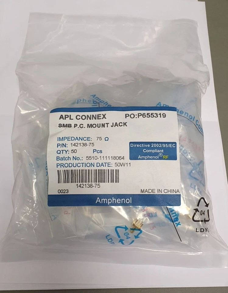 RF / Coaxial Connector, SMB Coaxial, Straight Jack, Through Hole Vertical, 75 oh - Image 1 of 1