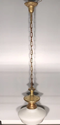 Very Nice Antique Yellow Brass Pendant Light Fixture Wired School House Globe Cover