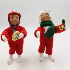 Set Of 2 Christmas Carolers Child Eating Cookie & Ringing Bell Posable Clay Face - Picture 1 of 12