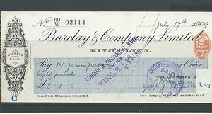 CHEQUE - CH609 - USADO -1909/10 - BARCLAY & CO. KINGS LYNN - Imagen 1 de 1