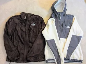 2 lot North Face Fleece Zip Jackets Girls Medium Brown Fuzzy + Grey-White Hooded - Picture 1 of 13