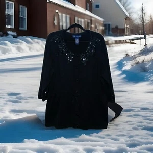 Susan Graver Button Up Sz 2X Black Beaded Neckline & Sleeves Holiday Gothic - Picture 1 of 13