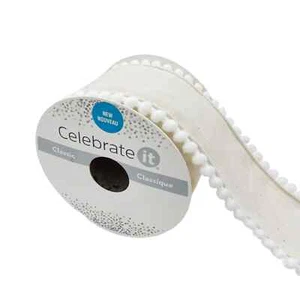 2.5" x 2yd. White/Natural Faux Burlap with Pom Trim Ribbon by Celebrate It® - Picture 1 of 4