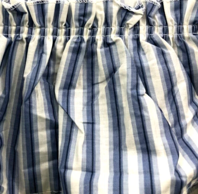 Topper de ventana artesanal vintage Sears Crown 100" W x 33" L azul a rayas con volantes florales Foto 1 de 4