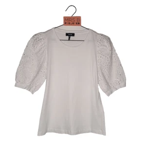 Me + Em White Top 10 Broderie Anglaise Puff Sleeves 100% Cotton TShirt Preloved - Picture 1 of 11