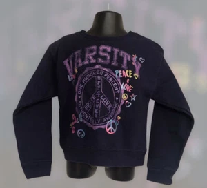 Hanes Mädchen XS 4-5 Sweatshirt Blau Varsity Peace Love Smile Glitzer Pullover - Bild 1 von 7