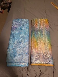 BATIK Rainbow TYE DYE BLUE GREEN GOLD METALLIC PRINT 100% COTTON FABRIC 19 YDS - Picture 1 of 6