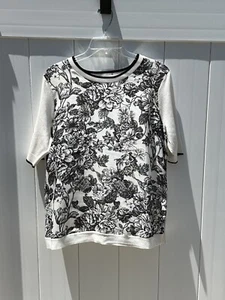 Charter Club Women’s Large White And Black Floral Short Sleeve Sweater - Picture 1 of 4