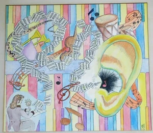 Surrealist watercolor 1958 signed mystery artist, music 11 x 11 - Picture 1 of 3