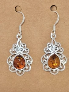Keltisches Design Baltischer Cognac Bernstein Ohrhänger 925 Sterling Silber 34 mm Tropfen - Bild 1 von 4