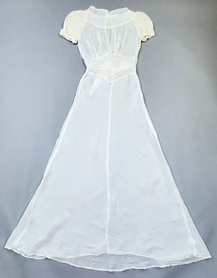 Старинный 1920-х белый хлопок Net кружева платье собранный чистый винтажный XS/S - Изображение 1 из 4