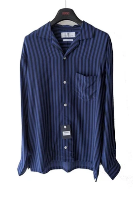 Turnbull & Asser Blue Black Striped Silk Shirt Size Medium £475 Made in England - Image 1 of 4