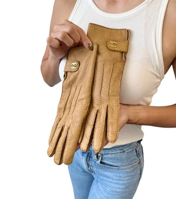 Guantes CHANEL Vintage Marca CC Logo Bloqueo Giratorio #7.5 Cuero Marrón Claro Dorado Foto 1 de 4
