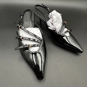 Zapatos de tacón de gatito Coutgo para mujer de charol negro con tira trasera punta - Imagen 1 de 5