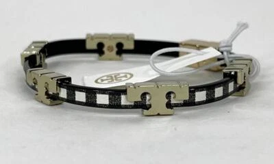 Tory Burch Bracelet Serif T Printed Bangle Black Gingham Leather Gold NWT - Image 1 of 4