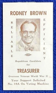 Tarjeta de campaña republicano Rodney Brown tesorero del condado de Fulton/IL/2x3 - Imagen 1 de 3