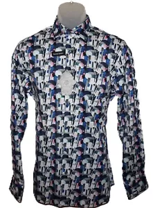 Camisa Visconti Manga Larga Pequeña Elastizada Azul Blanco Abstracta Multicolor Nueva con Etiquetas - Imagen 1 de 7
