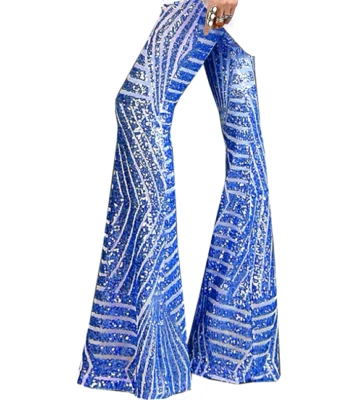 Czvevoy Blue Sequined Glitter Bell Bottoms Size Small New! - Image 1 of 4