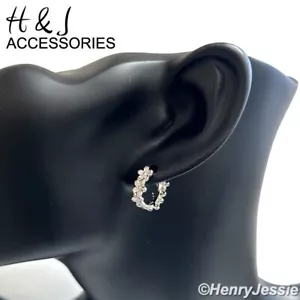 WOMEN REAL 925 STERLING SILVER ICY BLING CZ 3D FLOWER HUGGIE HOOP EARRING*AE246 - Picture 1 of 4