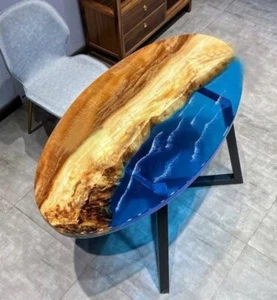 60"x30" Oval Shape Blue Clear Epoxy Resin Dining Table Wooden Live Edge Home De - Picture 1 of 5