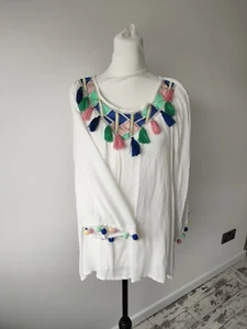 womens White Broderie Tassels top size S/M 8 10 Summer Boho Oversized - Imagen 1 de 9
