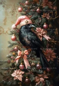 ALBERO DI NATALE CORVO CAPPELLO DI BABBO NATALE STAMPA ARTISTICA, decorazione natalizia, poster uccellino corvo E572 - Foto 1 di 2
