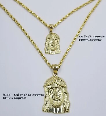 REAL 10k Yellow Gold Jesus Head Charm Rope Chain Pendant SET 18" 20" 22" 24" 26" - Image 1 of 4