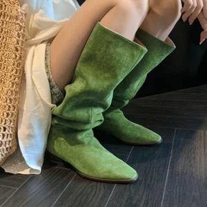 Botas de tubo largo para mujer Tacones gruesos Punta cuadrada Gamuza Botas de caballero Mangas retro - Imagen 1 de 13
