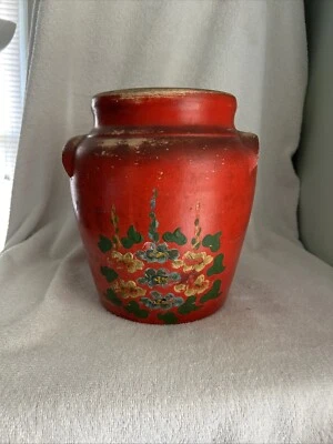 Tarro de galletas Ransburg vintage bote / rojo pintado a mano floral / cerámica años 30 Foto 1 de 4
