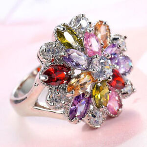 Flower Shaped Multi Pink topaz Morganite Amethyst Garnet Silver Ring Size 6-10