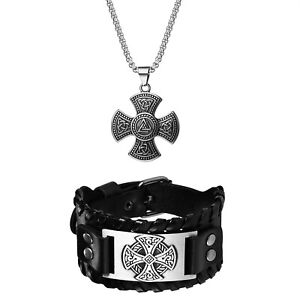 2pcs Mens Viking Odin Celtic Knot Cross Pendant Amulet Necklace Leather Bracelet