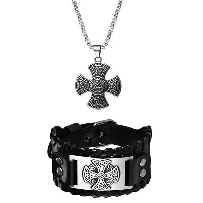 Pulsera de cuero colgante cruz nudo celta vikingo Odín vikingo 2 piezas para hombre Foto 1 de 4