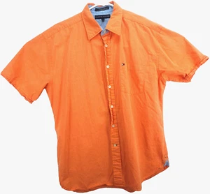 Tommy Hilfiger Men's Shirt Size L Short Sleeve Button Up Orange Small Flag Logo - Picture 1 of 10