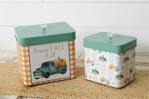 Fall Decor Tins Set/2 Vintage Truck Pumpkins Teal Orange Metal Canisters 10 in - Picture 1 of 1
