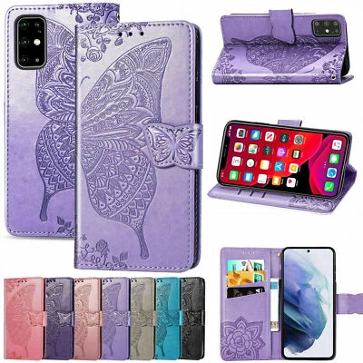 For Samsung S21 Ultra S20+ Note 10 S9 S8+ S7 Butterfly Leather Wallet Flip Case - Image 1 of 4