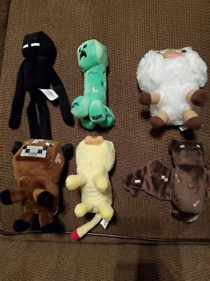 Lot of 6 Mojang Minecraft Plush Figures: Cow Ocelot Creeper Bat Sheep & Enderman - Image 1 of 4