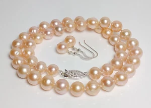 9mm AA+ quality peach freshwater pearl, sterling silver necklace & earrings - Picture 1 of 4