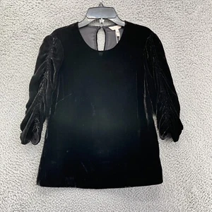 Rebecca Taylor Top Womens 0 Black Velvet 3/4 Sleeves Scoop Neck New $50 - Picture 1 of 8