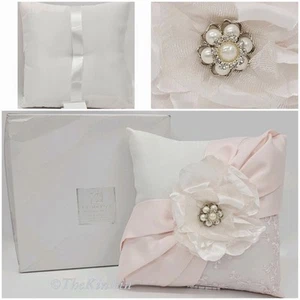 Lillian Rose White Ring Pillow Blush Sash Satin 7" Square Silver Rhinestones NOS - Picture 1 of 22