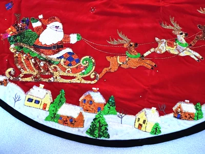 PRECIOSA FALDA ÁRBOL DE NAVIDAD DE TERCIOPELO CON LENTEJUELAS Y CUENTAS SANTA Y SUS RENOS ~ ¡NUEVA! Foto 1 de 4