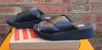 Ladies FitFlop Sandals F Mode Leather Flatform Cross Slides Black UK 4 BNIB - Image 1 of 4