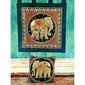 Vintage ELEPHANT Sequined Tapestry Wall Hanging Pillow SET Thai Burmese Kalaga - Picture 1 of 12