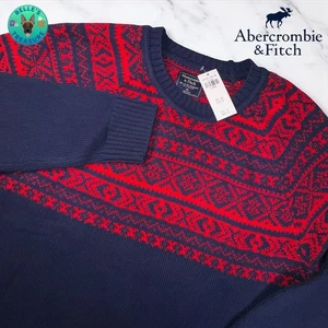 Abercrombie & Fitch Mens XL Sweater Crew Neck Red Navy Fair Isle Knitwear Merino - Picture 1 of 11