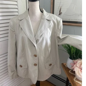 TALBOTS Womens Jacket 18W Green Striped Blazer Cotton Stretch Summer Preppy - Picture 1 of 14