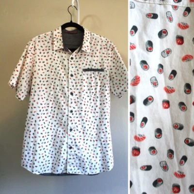 Sushi Chef Shirt Union Bay Mens M Button Up SS White Black Red Novelty - Image 1 of 4