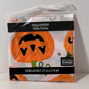 Halloween 4.5ftx7ft Plastic Table Covers White W/Pumpkins, Purple & Black For 3 - Picture 1 of 5