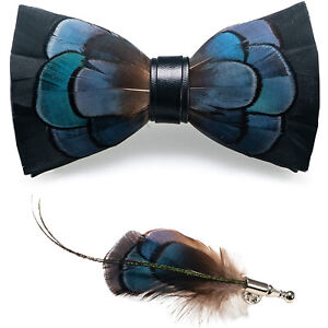 Mens Bowtie Pre-tied Feather Bow Ties Set for Men Self Tied Brooch Wedding Party