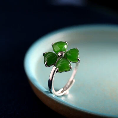 I03 Anello 4 Cuori In Giada Verde Quadrifoglio Argento 925 Regolabile - Immagine 1 di 4