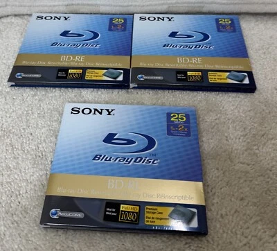 Lote de 3 Nuevos Discos Blu-Ray Sony 25GB BD-RE 1x-2x Velocidad Regrabables con Estuche de Almacenamiento Foto 1 de 3